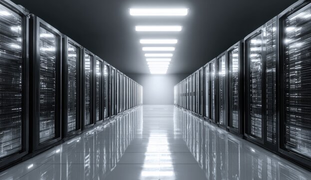Sleek server room with rows of data storage units under bright lights