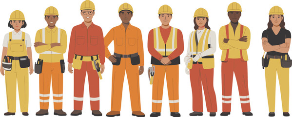 Cartoon construction workers in uniform, diverse men and women in safety gear, hard hats, overalls, and tools, standing in line.