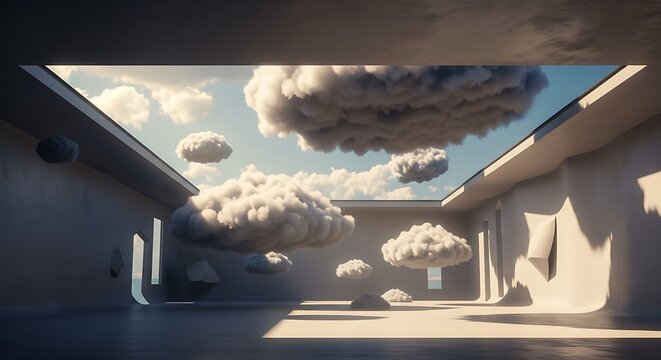A surreal architectural concept of a minimalist interior where soft white clouds drift through an open-sky ceiling