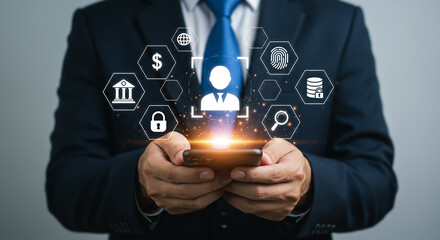 Businessman Using Smartphone with Glowing Digital User Profile and Business Technology Icons