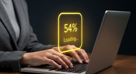 Businesswoman Using Laptop with Glowing Loading Bar Progress at 54 Percent
