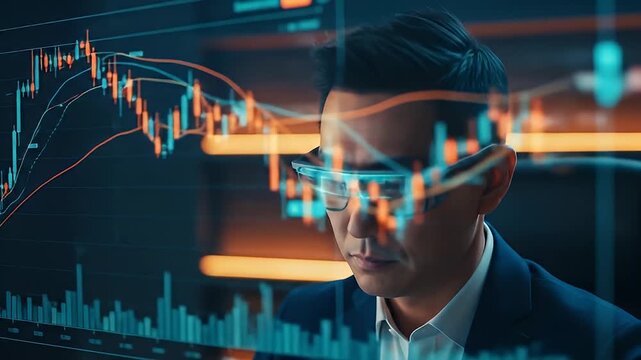 Serious Asian Man Wearing Futuristic Glasses Analyzing Stock Market Data on Digital Screen - Powered by Adobe
