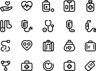 Set of black medical and healthcare icons, heart, stethoscope, medicine, IV bag, first aid, pulse, health monitoring, vector collection.