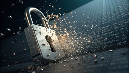 3D lock icon breaking into code shards for security concept visual.