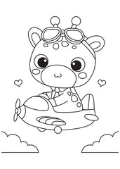 coloring book cute giraffe pilot with airplane