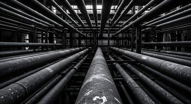 Dark industrial pipes create complex labyrinthine infrastructure. A skilled plumber ensures vital systems maintain functionality for continuous operation