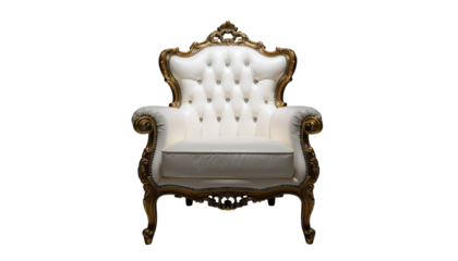 Luxurious royal armchair with golden details and elegant upholstery isolated on white background