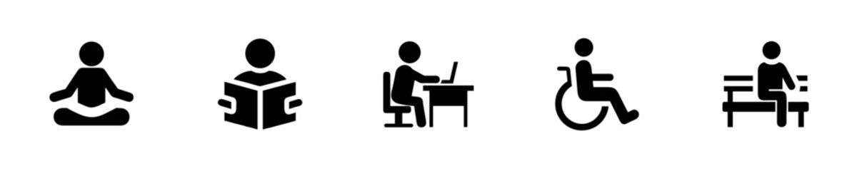Silhouette icons showing people meditating reading working disabled wheelchair sitting bench