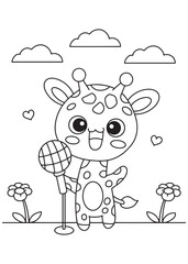 coloring book cute giraffe singing with microphone