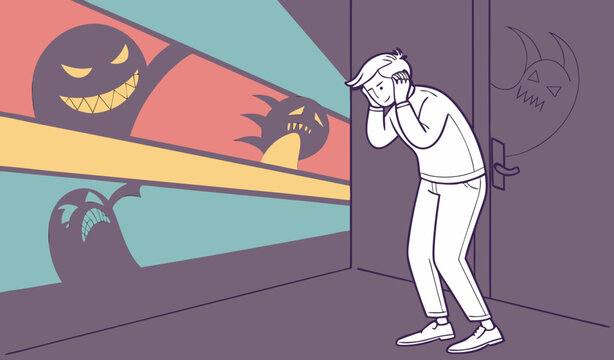 Fear, anxiety or panic attack, afraid of mistake, scared or nightmare suffering, depression or dread, worry or trouble causing distraught concept, fearful businessman afraid of evil monster shadow col