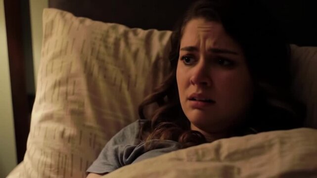 A woman sleeps in bed at night, suddenly waking in fear from a nightmare, her anxious face shown in dramatic cinematic angle.
