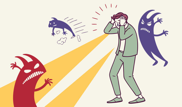 Fear, anxiety or panic attack, afraid of mistake, scared or nightmare suffering, depression or dread, worry or trouble causing distraught concept, fearful businessman afraid of evil monster shadow col
