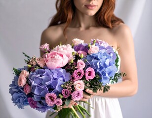 Fototapeta premium Plus Woman Holding Pastel Flower Bouquet Against Soft White Background Generate AI 3