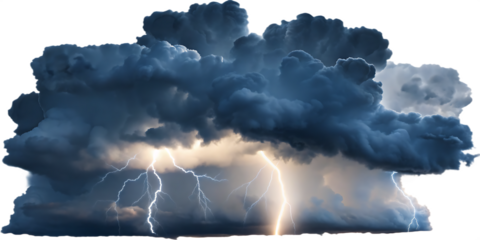 Dark Storm Cloud with Multiple Lightning Strikes thundercloud cumulonimbus isolated on a transparent background