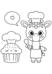 coloring book giraffe baker with cupcake