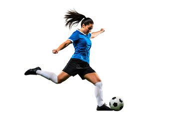 Soccer Player in Action: Capturing a dynamic moment of a female soccer player kicking the ball with power and precision, showcasing athleticism, passion, and skill.
