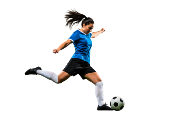 Soccer Player in Action: Capturing a dynamic moment of a female soccer player kicking the ball with power and precision, showcasing athleticism, passion, and skill.