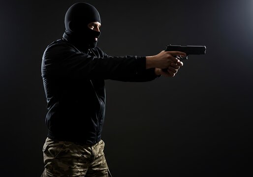 A man in a balaclava and camouflage pants holding a gun. Generative Ai