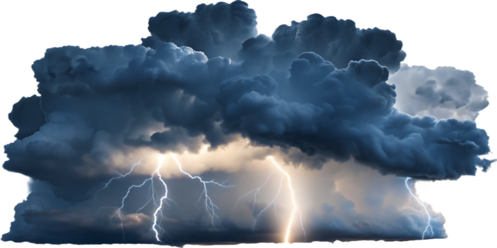 Dark Storm Cloud with Multiple Lightning Strikes thundercloud cumulonimbus isolated on a transparent background