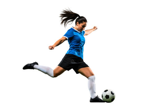 Soccer Player in Action: Capturing a dynamic moment of a female soccer player kicking the ball with power and precision, showcasing athleticism, passion, and skill.