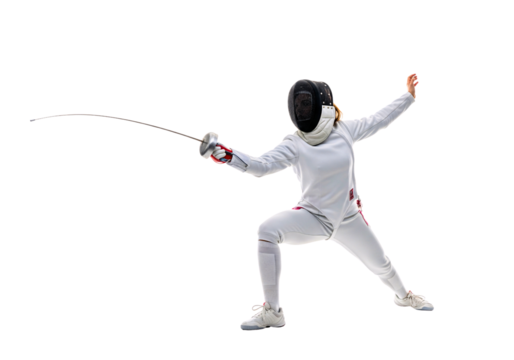 Fencing Duel: A skilled fencer in protective gear lunges with a gleaming épée in hand, poised for the next strike, demonstrating focus, agility, and competitive spirit.
