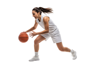 Basketball Athlete in Action: Capturing the dynamic energy of a skilled female athlete as she dribbles a basketball with focused intensity, showcasing agility and athleticism. 