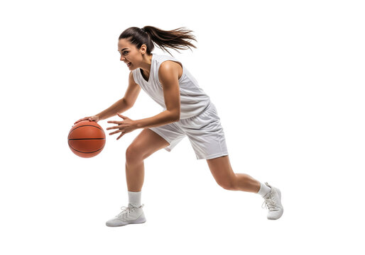 Basketball Athlete in Action: Capturing the dynamic energy of a skilled female athlete as she dribbles a basketball with focused intensity, showcasing agility and athleticism.