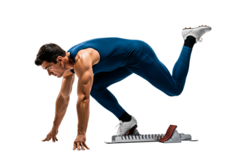 Athlete on the Starting Line: A determined athlete, poised at the starting line, embodies the spirit of competition and athletic prowess, ready to burst into action.