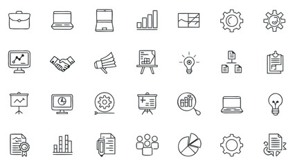 Fototapeta premium Business icons, 30 line icons, infographic elements, data analysis symbols, office workflow graphics