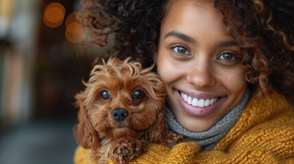 Happy mixed race woman cuddling dog at computer desk. Black female digital nomad hugging pet dog at home by computer. Bring your pet to work day