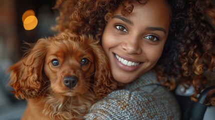 Happy mixed race woman cuddling dog at computer desk. Black female digital nomad hugging pet dog at home by computer. Bring your pet to work day