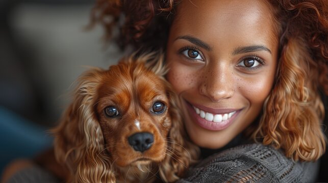 Happy mixed race woman cuddling dog at computer desk. Black female digital nomad hugging pet dog at home by computer. Bring your pet to work day