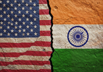 USA and India flags clash on cracked texture highlighting political tensions globally showing potential conflict