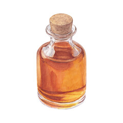 Yellow potion bottle watercolor illustration, glass small vintage medicine bottle with cork lid, vanilla extract for cookbooks and cosmetics