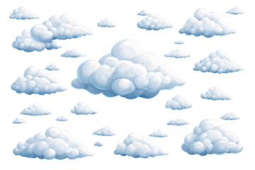 A bright, fluffy cartoon cloudscape with a seamless vector pattern of clouds against a blue sky, perfect for a summer wallpaper design