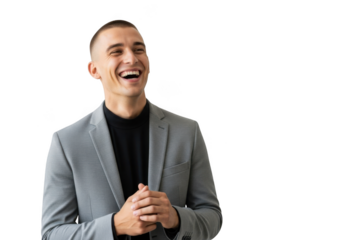 Cheerful businessman laughing portrait, young professional man in suit smiling, isolated image for design, isolated on transparent background