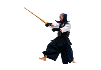 Kendo Practice: A dedicated kendo practitioner executes a powerful strike with precision and grace. Capturing the strength, focus, and discipline of this ancient martial art.