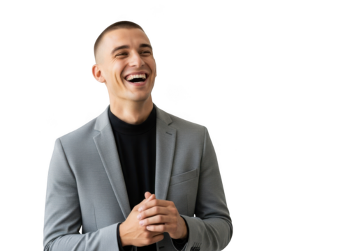 Cheerful businessman laughing portrait, young professional man in suit smiling, isolated image for design, isolated on transparent background