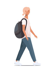 A young schoolboy with blonde hair walking. A happy teenage boy with grey backpack on a white background. Vector Not AI generate