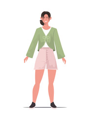  Happy teenage student dressed casually in a green jacket, white top, and beige shorts. Back to school concept. Vector Not AI generate