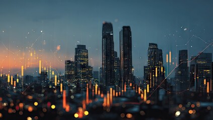 Cityscape at dusk with overlaid financial data