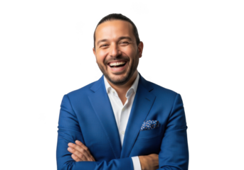 Smiling businessman in blue suit laughing portrait isolated on transparent background png image stock photo