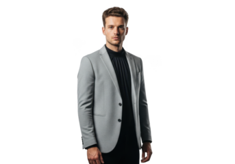 Professional businessman in gray suit posing for a portrait, full body shot, png image for designers and creatives isolated on transparent background