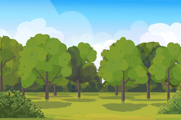 Obraz premium Forest with meadow, trees, bushes, plants. Spring or summer time greenery with blue sky and clouds. Vector illustration Not AI generated