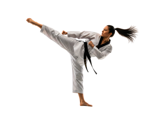 Dynamic Taekwondo: A female athlete demonstrates the power and precision of taekwondo, executing a high kick with skill and focus.
