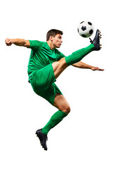 Airborne Soccer Player: A dynamic soccer player demonstrates precision, athleticism, and power as he kicks a soccer ball in mid-air, exuding intensity and focus.