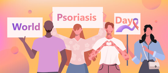 A group women and men in casual clothes holds a placards in hands with the inscription World Psoriasis Day. Medical concept. Vector Not AI generated