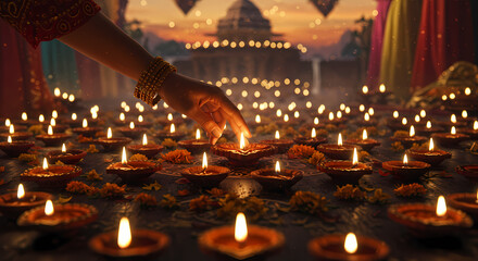 Obraz premium Woman Lighting Diwali Diyas, Celebrating Light and Hope