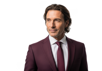 Handsome caucasian businessman in burgundy suit portrait, corporate professional headshot, isolated on transparent background