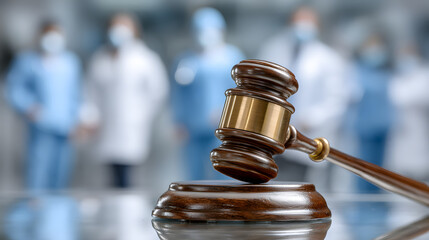 Judge’s gavel with doctors in background symbolizing medical law